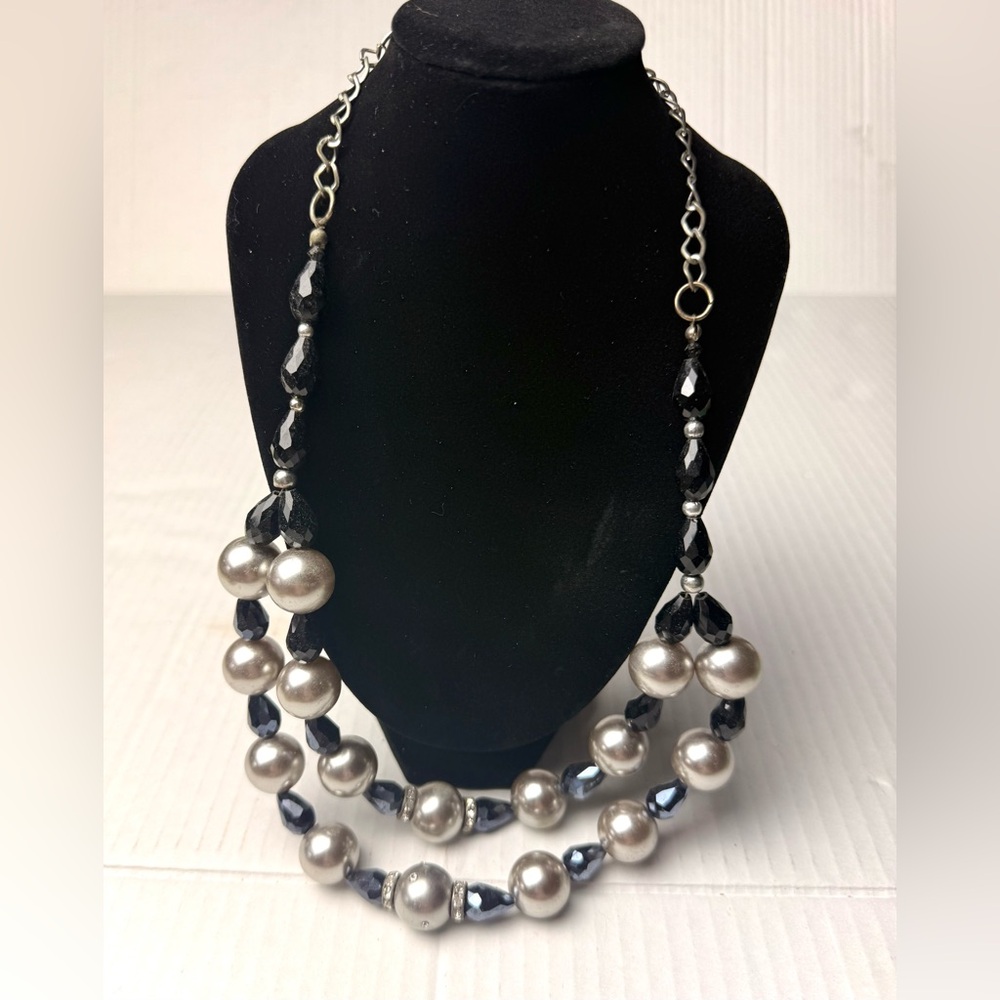 Chunky Statement Multi Strand Necklace Faux Pearls Blue Black Beaded Silver Tone